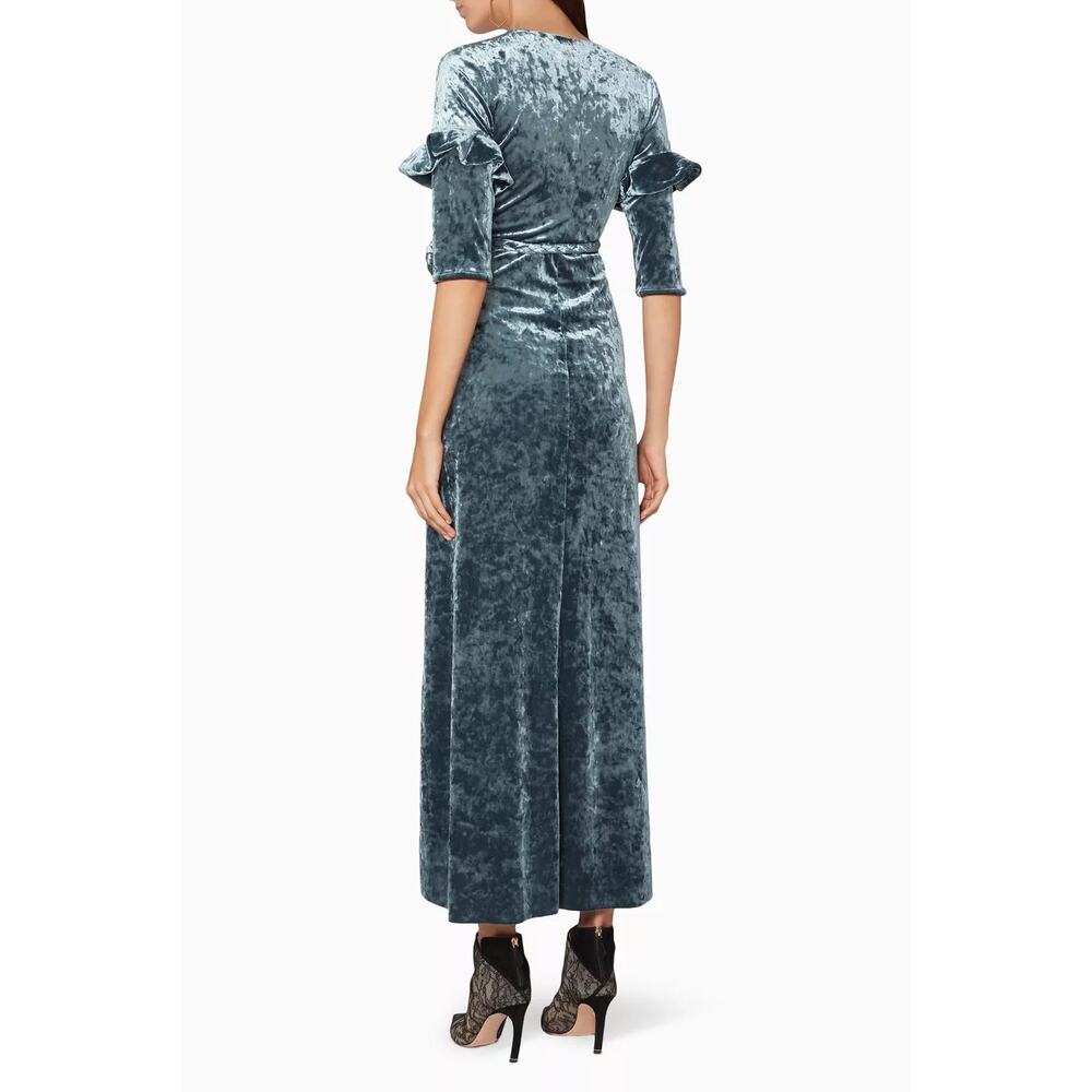 Misa Symone Wrap Dress Velvet Maxi Size XS Ruffle Sleeves Braided Sash Belt Teal - Picture 3 of 16
